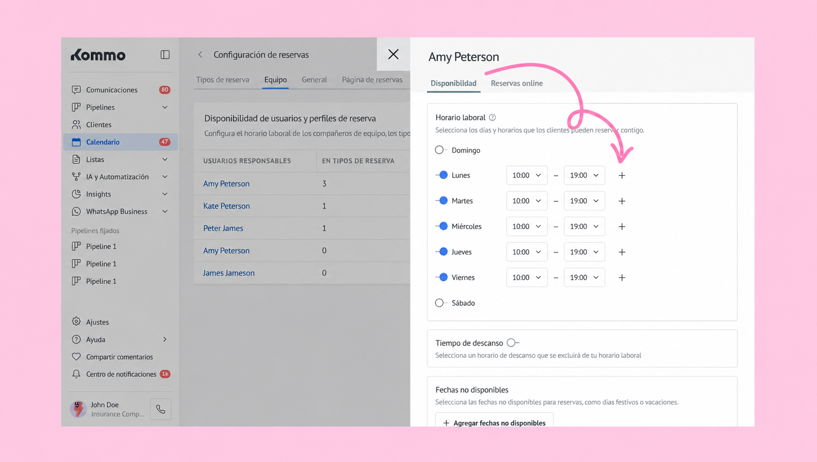 User availability settings for Amy Peterson, including work hours and online reservations.